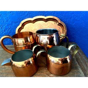Vintage Copper set of plate and 2 cups and cream and sugar bowl